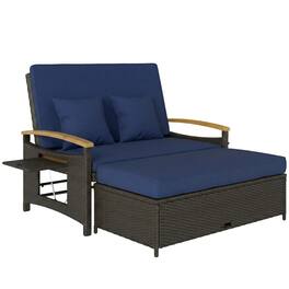 Outsunny - Outdoor Daybed w/4-Level Adjustable Backrest, Patio Sofa Bed w/Storage Ottoman, Acacia Wood Armrest - Navy Blue