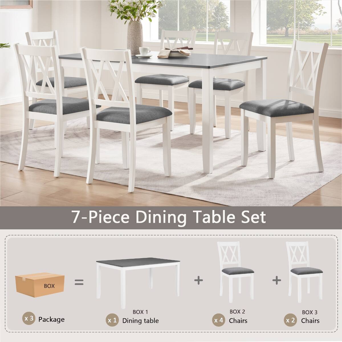 7-Piece Dining Table Set

BOX 1 X 1 Dining table
BOX 2 x4 Chairs
BOX 3 X 2 Chairs