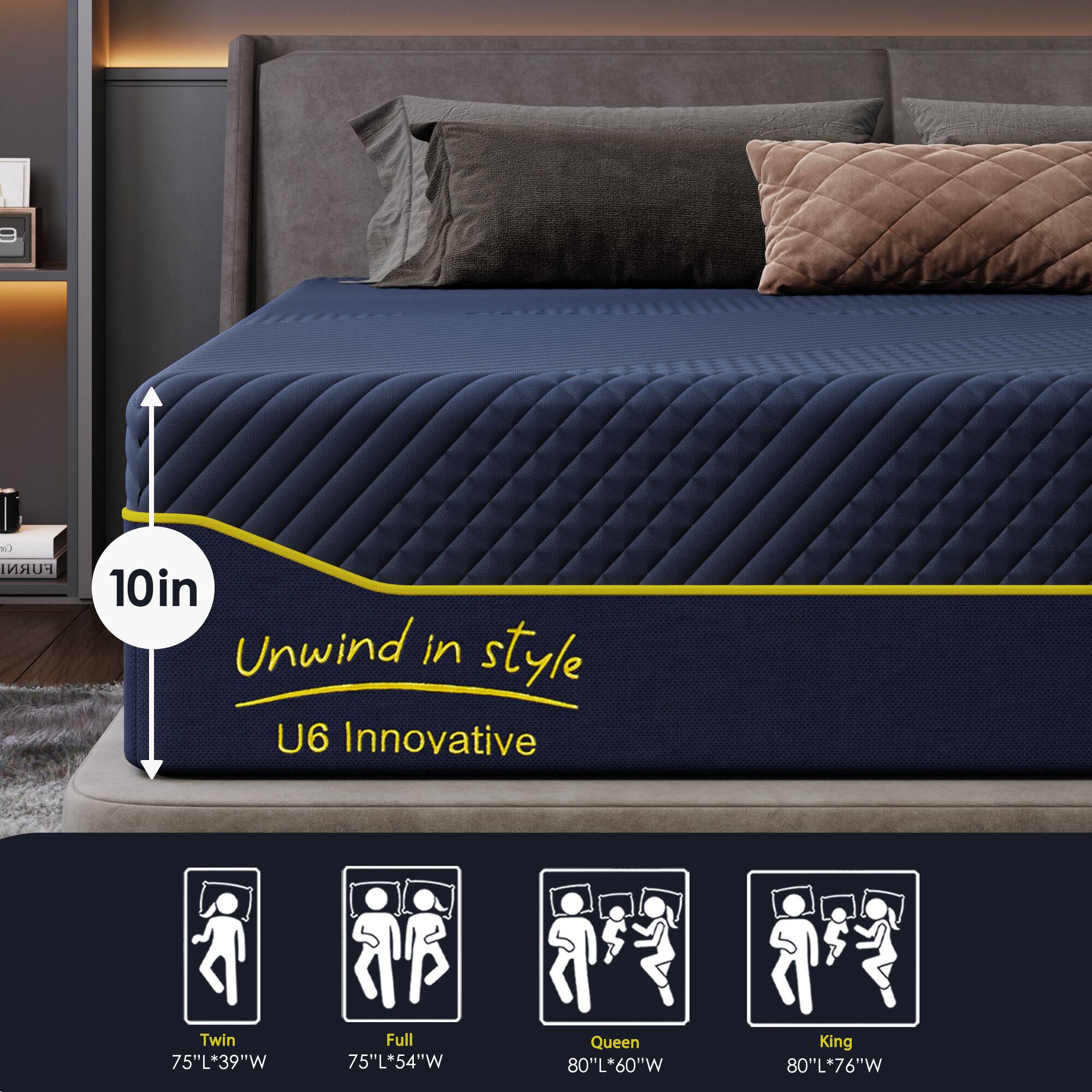 Lat FURNI 10in Unwind in style U6 Innovative Twin 75"L*39"W Full 75"L*54"W Queen 80"L*60"W King 80"L*76"W