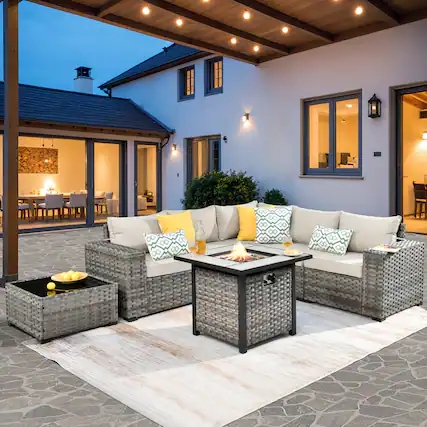 Front. Ovios - 7 PCS Patio Furniture Set Sectional Sofa with Coffee Table & 30" Fire Pit Table - Beige.