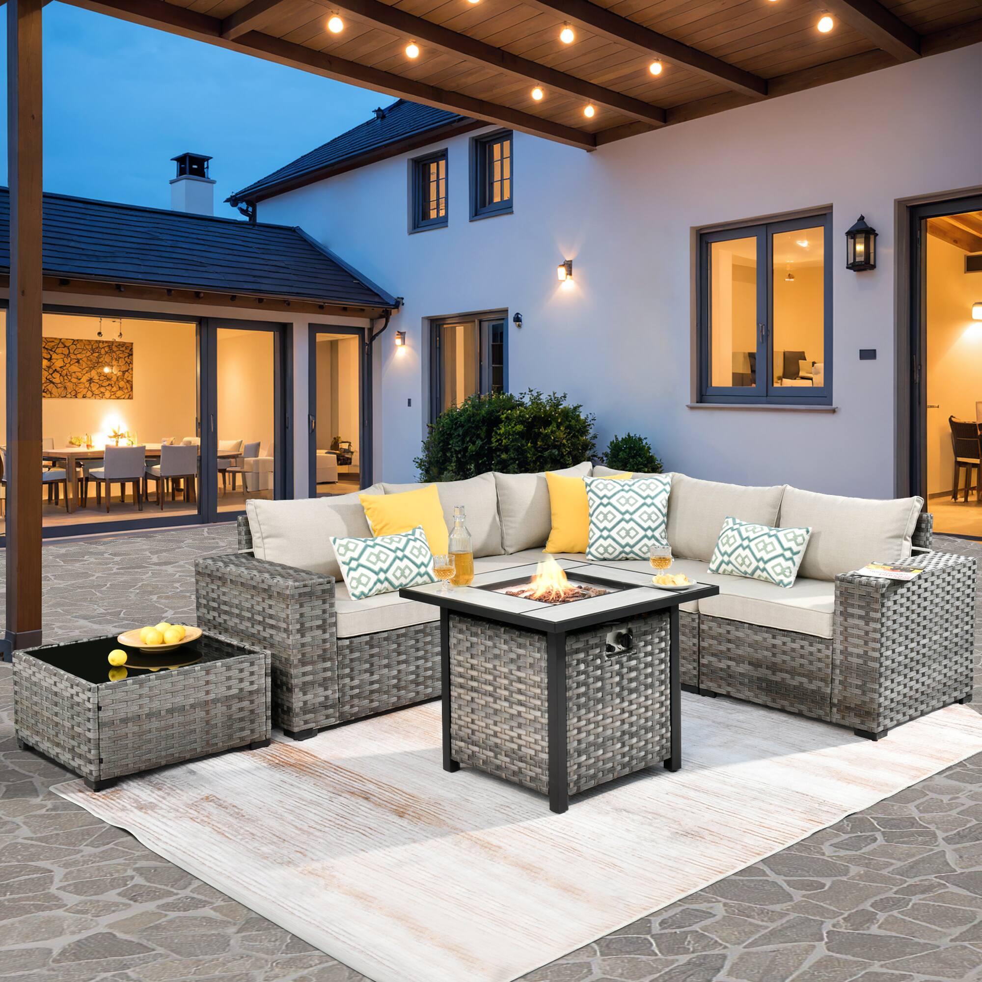 Front. Ovios - 7 PCS Patio Furniture Set Sectional Sofa with Coffee Table & 30" Fire Pit Table - Beige.