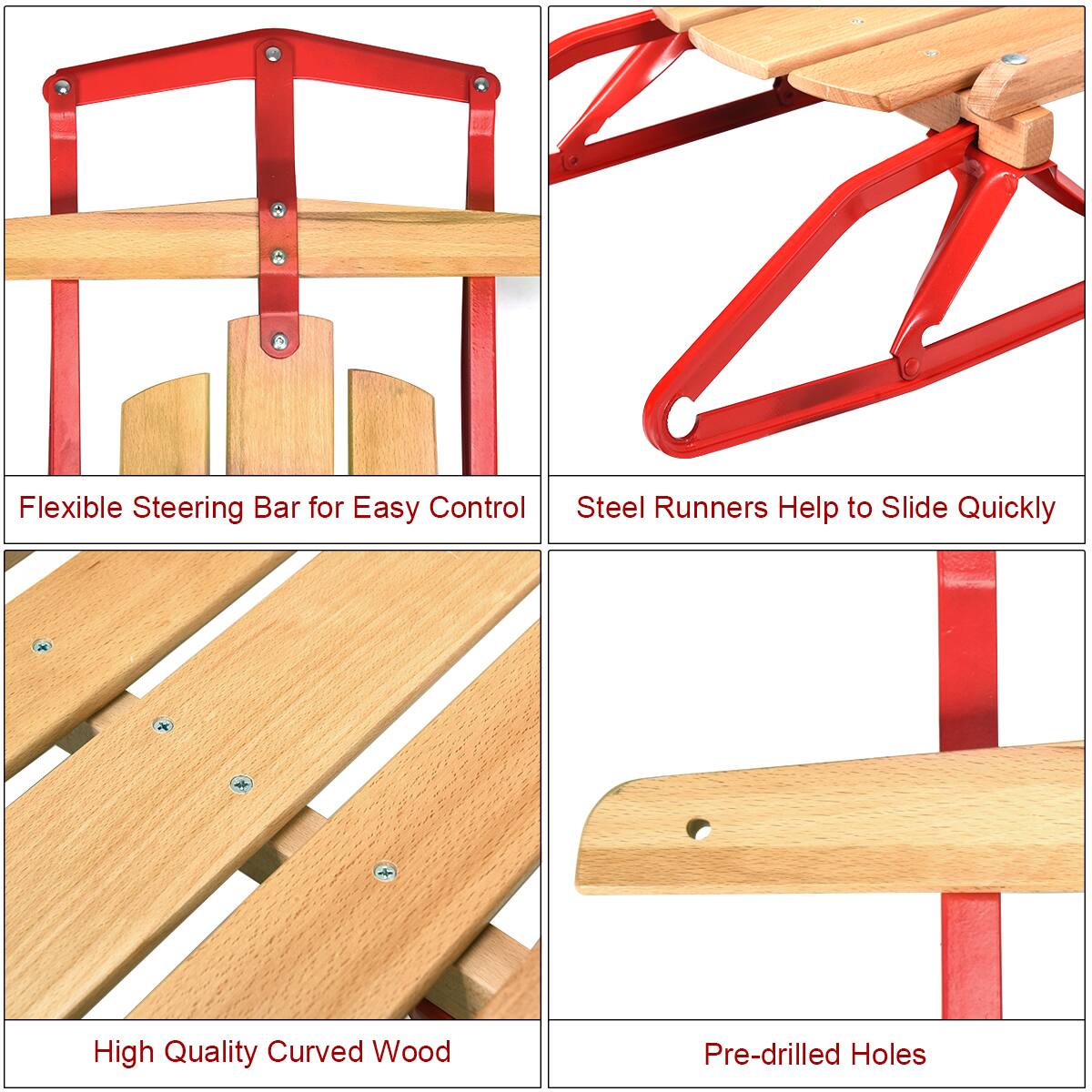 The text on the image is grouped as follows:
1. Flexible Steering Bar for Easy Control: This refers to the steering bar on the wooden bench, which allows for easy control and maneuvering.
2. Steel Runners Help to Slide Quickly: This refers to the steel runners on the wooden bench, which help to slide quickly and smoothly.
3. High Quality Curved Wood: This refers to the high-quality curved wood used in the construction of the wooden bench.
4. Pre-drilled Holes: This refers to the pre-drilled holes on the wooden bench, which make it easier to assemble and secure the components.