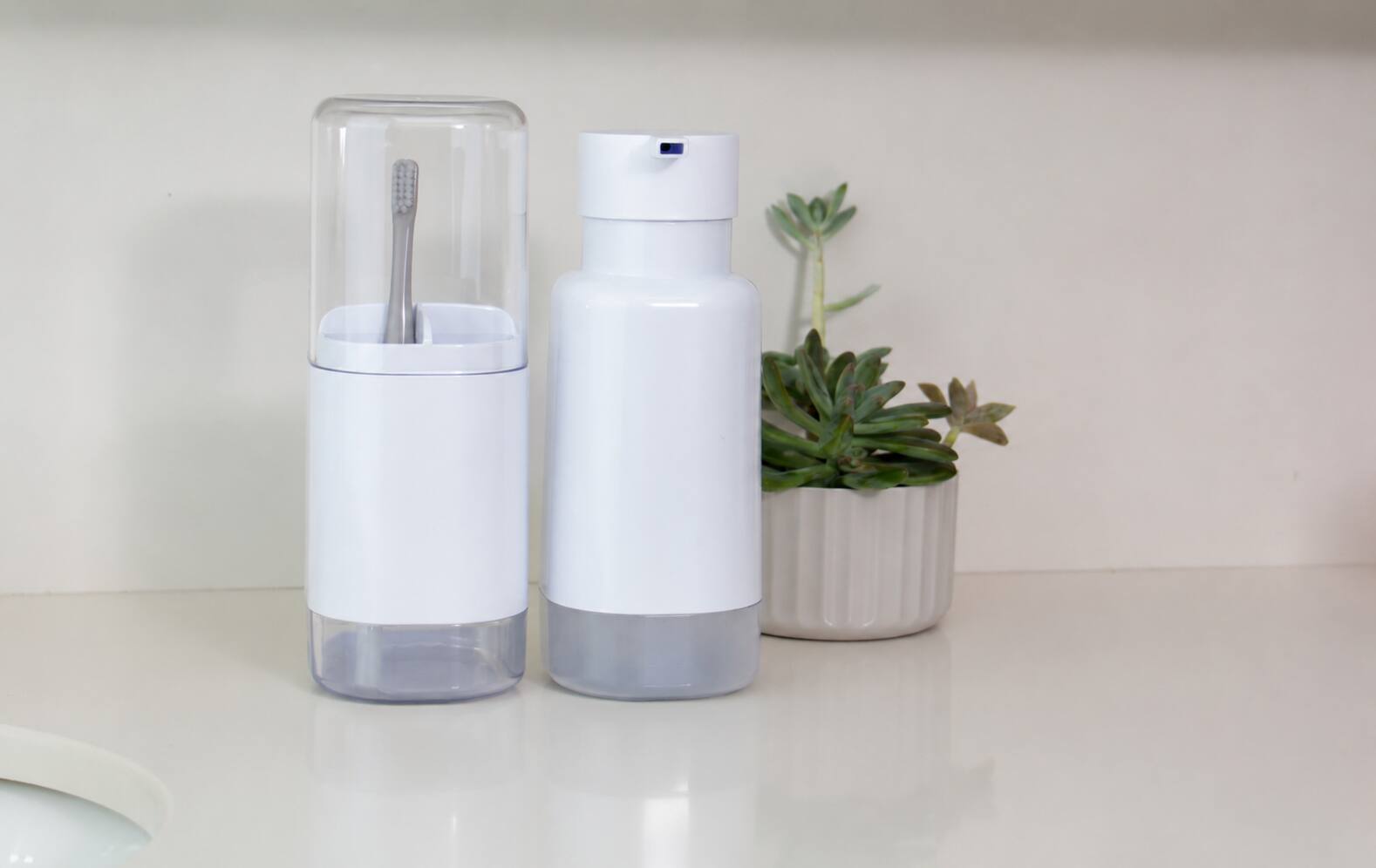 Angle. OU - OU Soap Dispenser & Toothbrush Holder, Dual Bathroom Set 16.9oz Soap Dispenser, Nonslip Brush Holder - White - White.