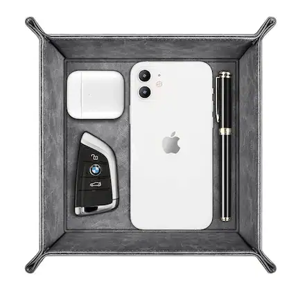 Front. Stock Preferred - Valet Tray PU Leather Desktop Storage Organizer - Grey.