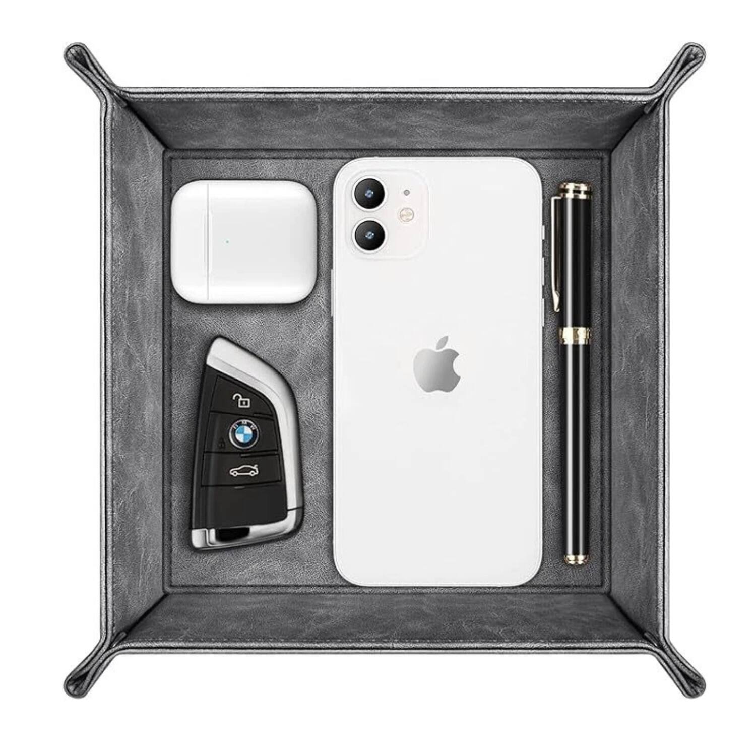 Front. Stock Preferred - Valet Tray PU Leather Desktop Storage Organizer - Grey.