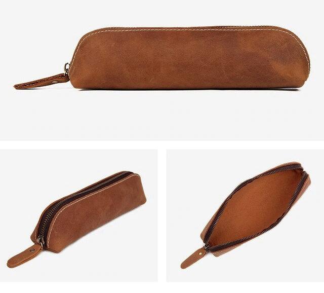 Alt View 4. Steel Horse Leather - The Paavo Leather Pen Case | Leather Makeup Pouch - Dark Brown.