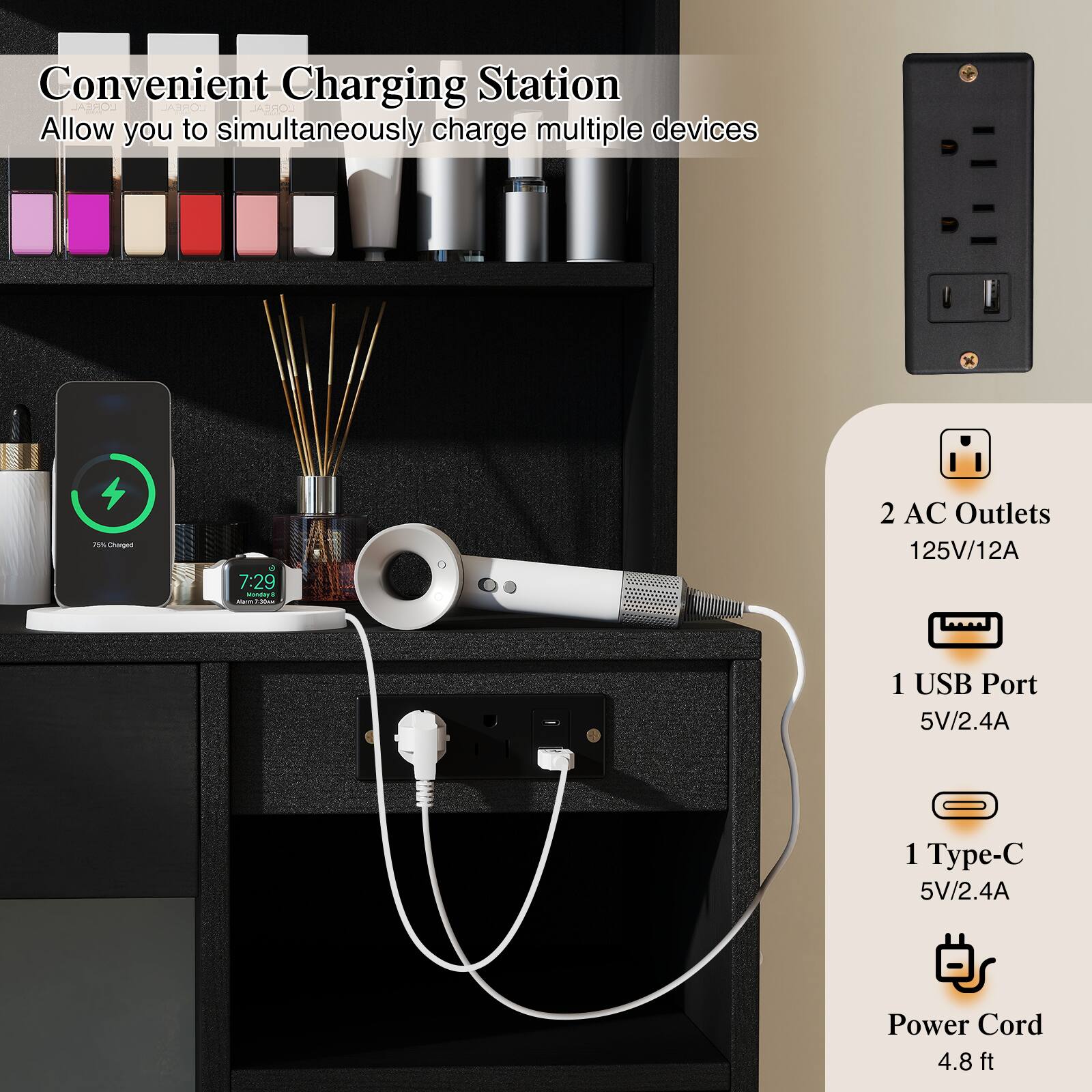 Convenient Charging Station  
Allow you to simultaneously charge multiple devices  

2 AC Outlets  
125V/12A  

1 USB Port  
5V/2.4A  

1 Type-C  
5V/2.4A  

Power Cord  
4.8 ft