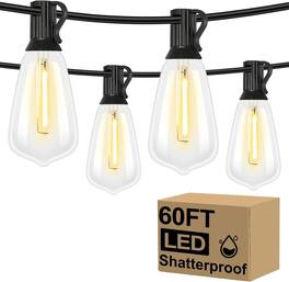 Nordic Hygge - LED Outdoor String Lights 60FT with 32 Shatterproof ST38 Vintage Edison Bulbs, Outside Hanging Lights Waterproof - Black