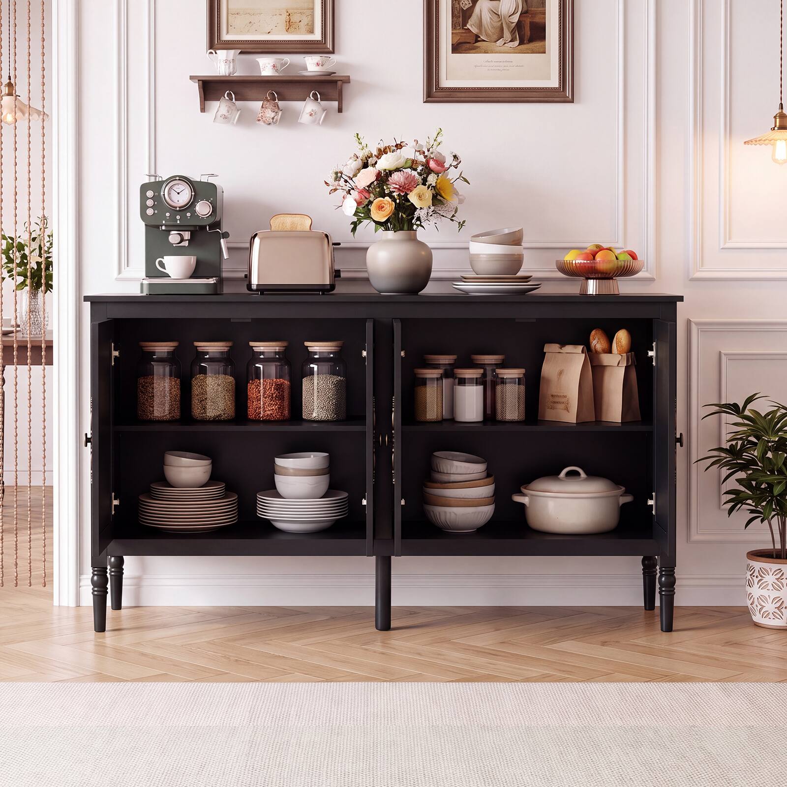 Alt View 3. Costway - Costway 58" Vintage Buffet Cabinet with 4 Doors & 2 Shelves, Storage, Pine Wood Legs - Black.