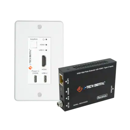 SOURCE HDMI 1 USB-C 1 DIGITAL J-TECH HDMI Power In (100w) USB-C H with HDMI Type-C Inputs Plate Extender 4K60 Wall CAT N SERVICE IRIN DC 12V J-TECH DIGITAL Receiver JTECH-EXW30 MODEL OUT HOM