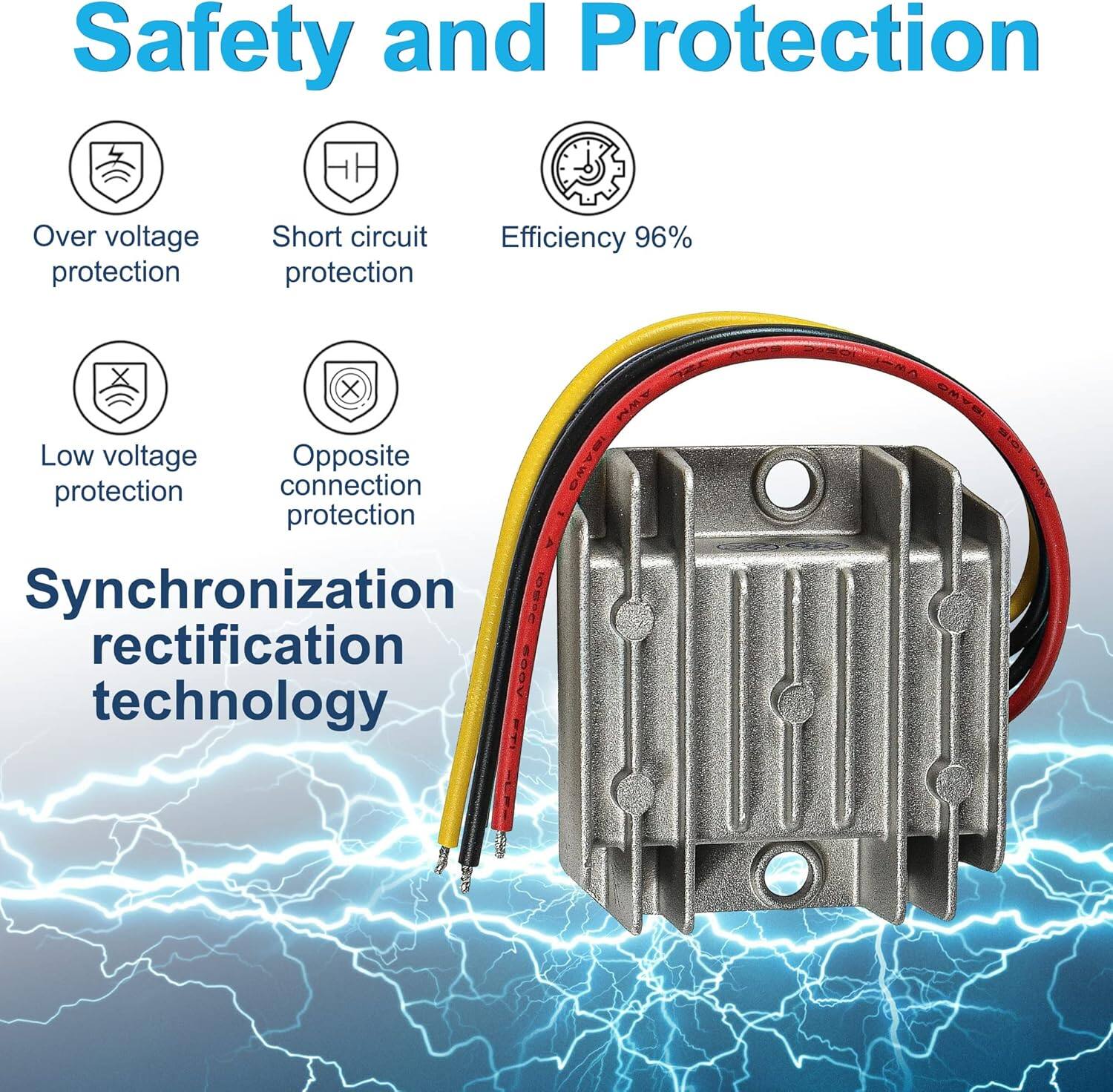 Safety and Protection  
- Over voltage protection  
- Short circuit protection  
- Low voltage protection  
- Opposite connection protection  
- Efficiency 96%  
- Synchronization rectification technology