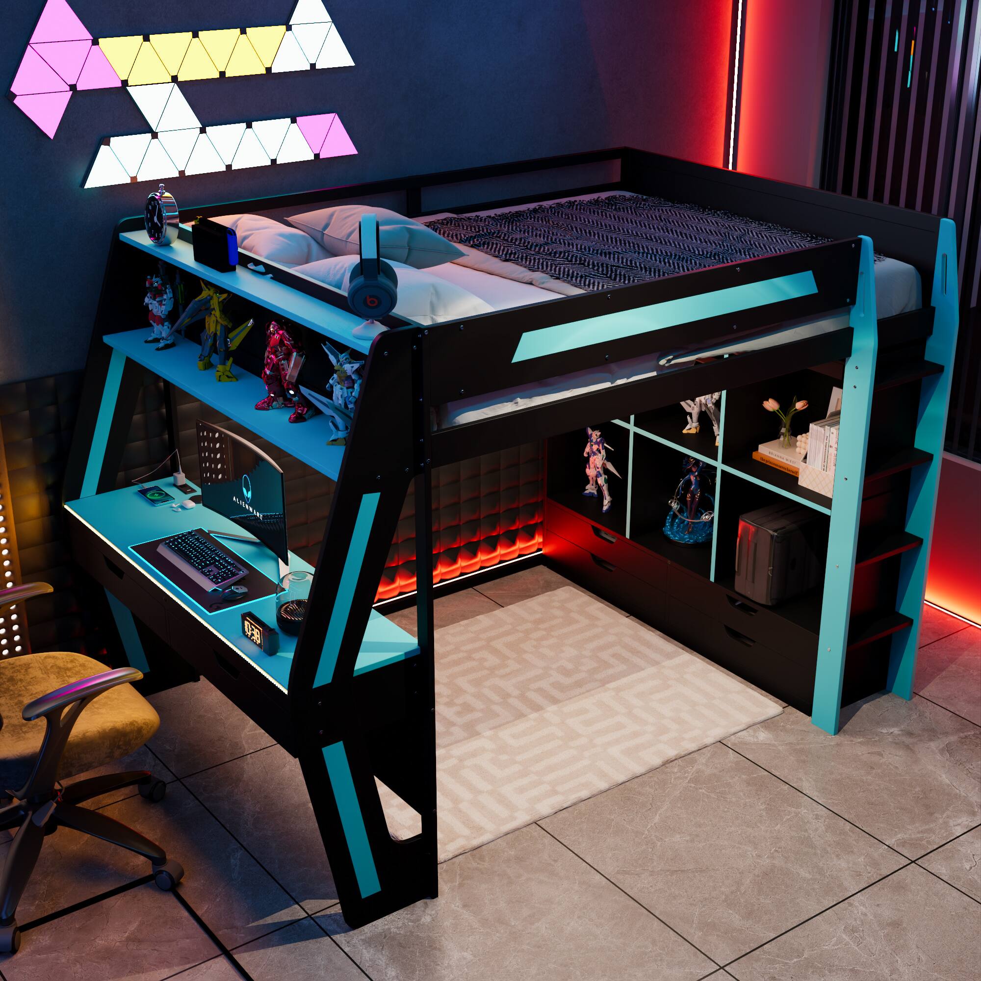 Angle. Anysun - Full Gaming Loft Bed with Desk & RGB Lights - Wooden High Bed, 6 Storage Cubbies, 6 Drawers & Safety Staircase - Blue.