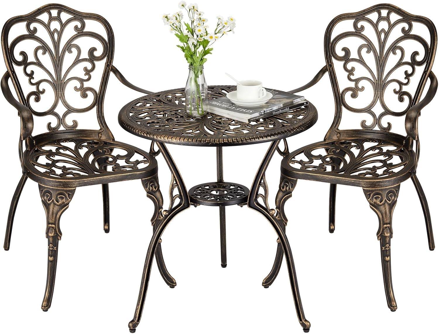 Front. Homhougo - 3 Piece Outdoor Bistro Set, Cast Aluminum Patio Table and Chairs Set of 2 with Umbrella Hole - Brown.