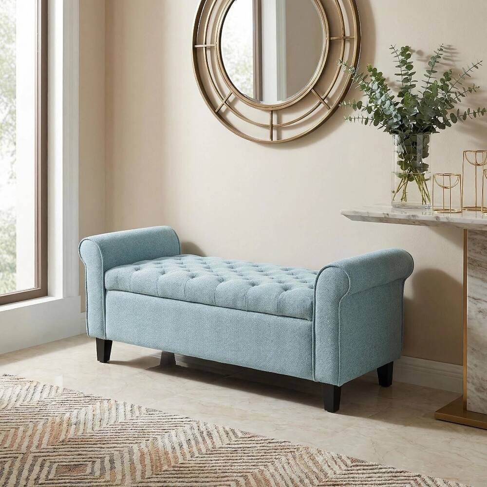 Front. Ropilly - Ropilly Light Blue Tufted Fabric Storage Bench with Rolled Arms for Bedroom Entryway - Light Blue.