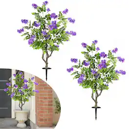 Gymax - 2 Pack Artificial Locust Flower Trees w/Ground Spikes Sophora Japonica Blossoms White - Purple