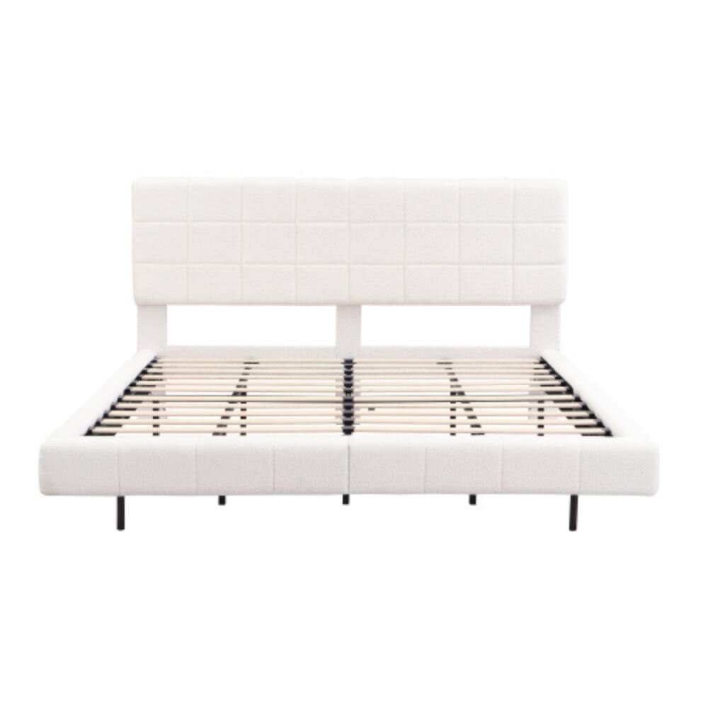 Alt View 1. LUCKY ONE - King Size White Boucle Floating Bed with LED Light, Anti-Collision Corners, No Box Spring Needed, Easy Clean Under-Bed - White.