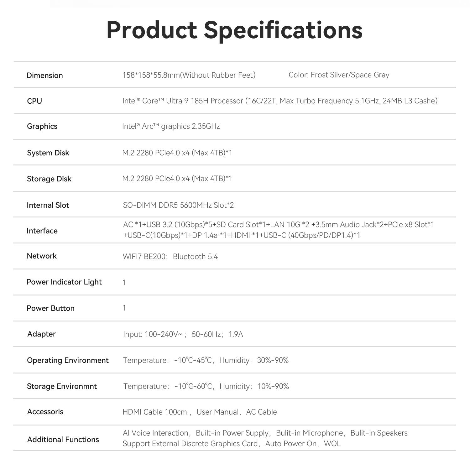 Product Specifications

Dimension: 158*158*55.8mm (Without Rubber Feet)  
Color: Frost Silver/Space Gray

CPU: Intel Core Ultra 9 185H Processor (16C/22T, Max Turbo Frequency 5.1GHz, 24MB L3 Cache)

Graphics: Intel Arc graphics 2.35GHz

System Disk: M.2 2280 PCIe4.0 x4 (Max 4TB)*1  
Storage Disk: M.2 2280 PCIe4.0 x4 (Max 4TB)*1

Internal Slot: SO-DIMM DDR5 5600MHz Slot*2

Interface: AC *1 + USB 3.2 (10Gbps)*5 + SD Card Slot*1 + LAN 10G *2 + 3.5mm Audio Jack*2 + PCIe x8 Slot*1 + USB-C (10Gbps)*1 + DP 1.4a *1 + HDMI *1 + USB-C (40Gbps/PD/DP1.4)*1

Network: WIFI7 BE200; Bluetooth 5.