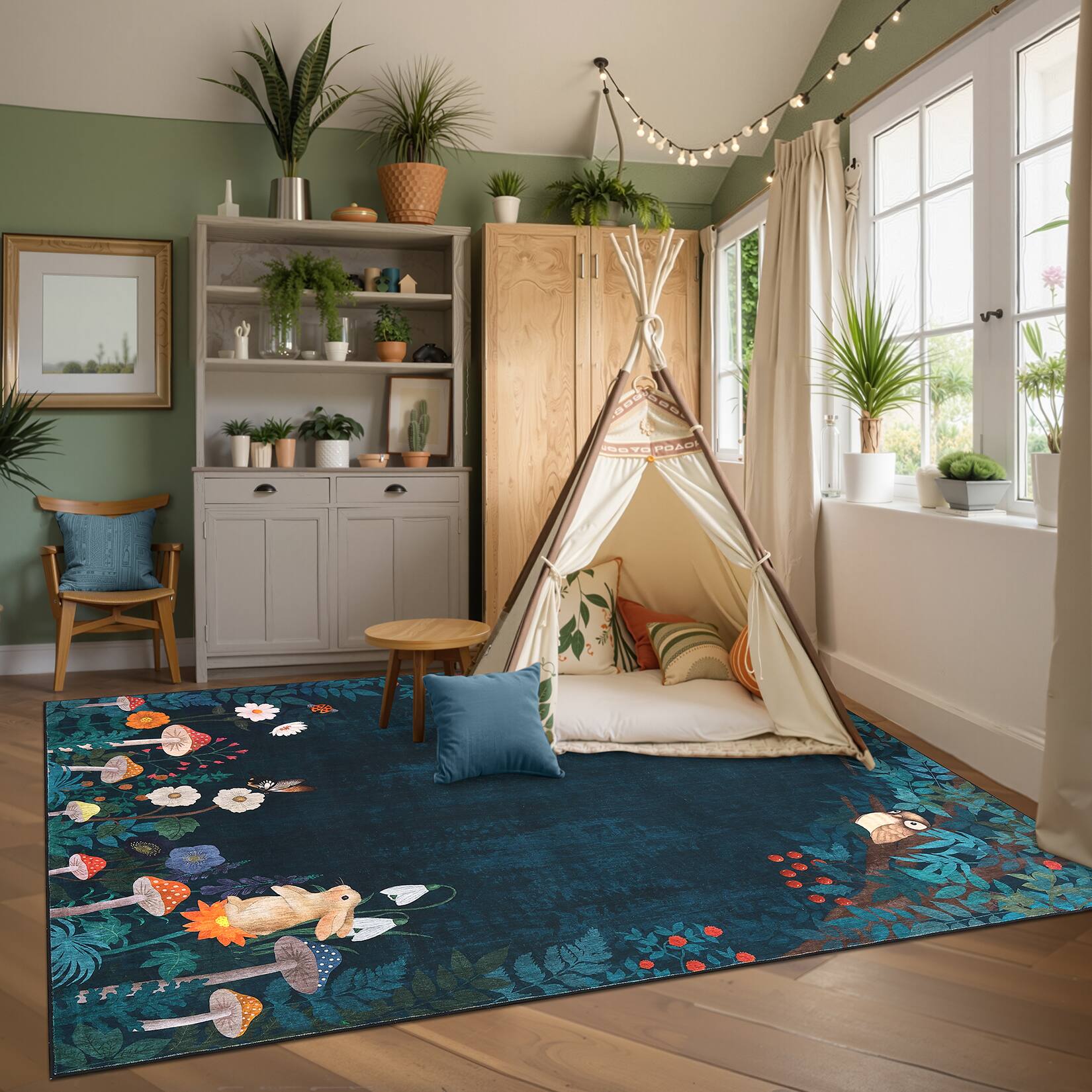 Left. Jojoka - Retro Fairy Tale Area Rug Botanical Print Machine Washable Non Slip Floor Cover for Nurseries & Bohemian Bedrooms - Blue Green.