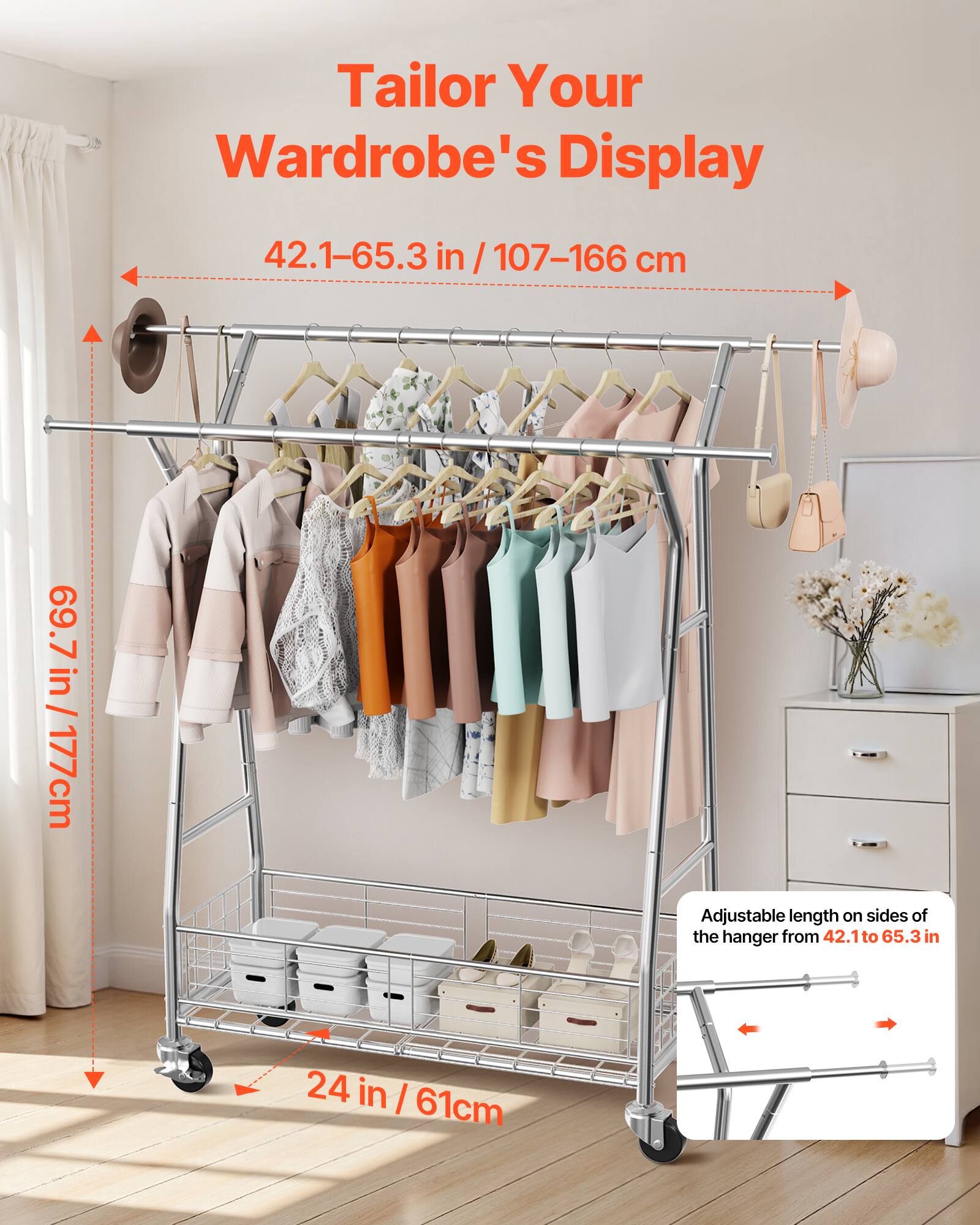 Tailor Your Wardrobe's Display

42.1-65.3 in / 107-166 cm

69.7 in / 177 cm

24 in / 61 cm

Adjustable length on sides of the hanger from 42.1 to 65.3 in