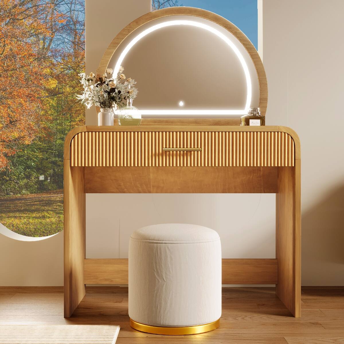 Front. Loheer - Loheer 39 Inch Makeup Vanity Table with Lighted Touch Screen Mirror, Drawer, Natural Rubberwood - Natural.