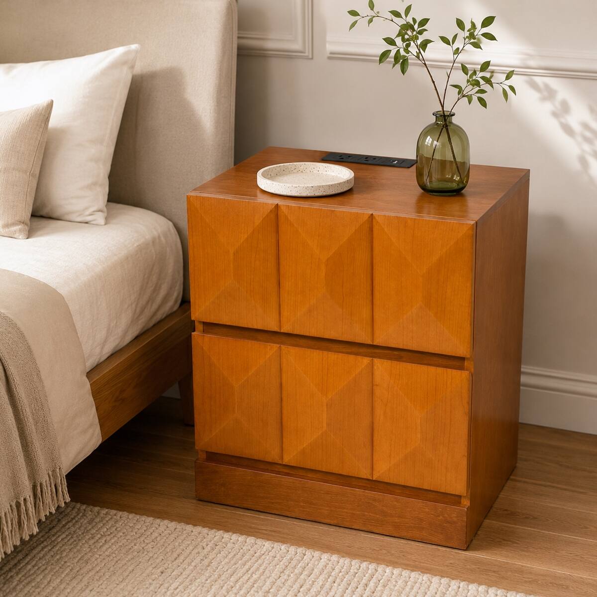 Angle. Loheer - Loheer Charging Station Nightstand, Natural Wood, Two Drawer Bedside Table - Natural Wood.