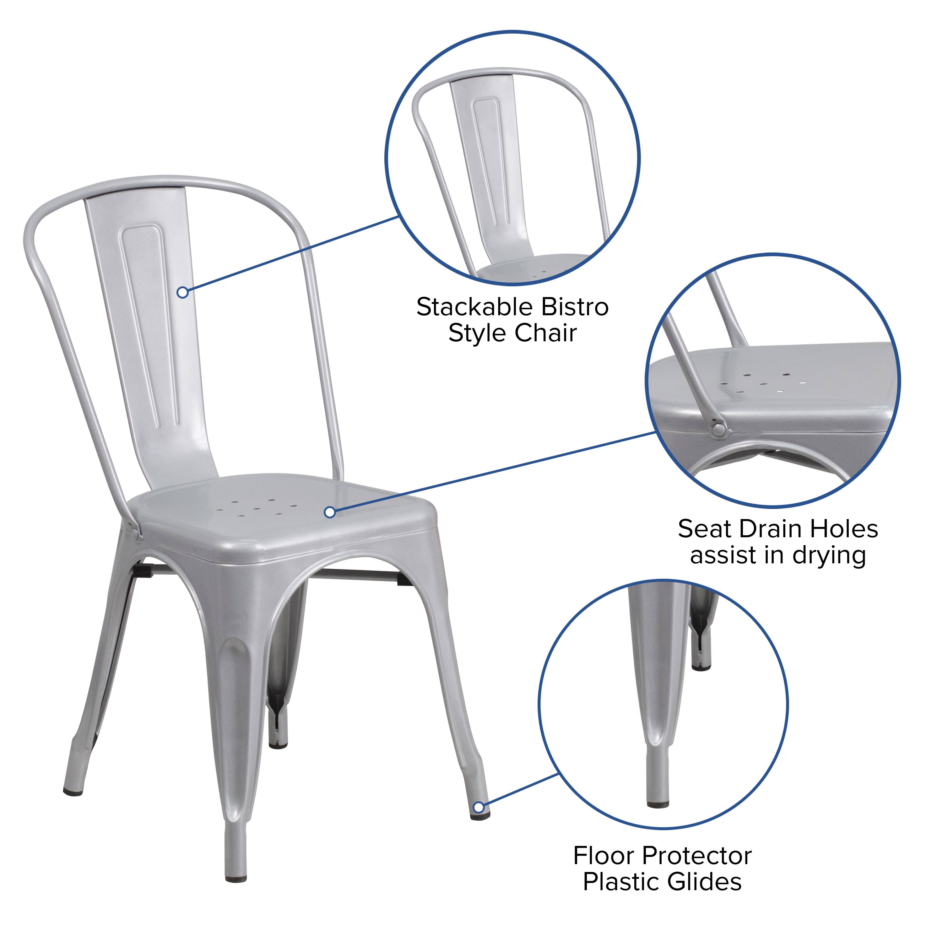 Stackable Bistro Style Chair Seat Drain Holes assist in drying Floor Protector Plastic Glides