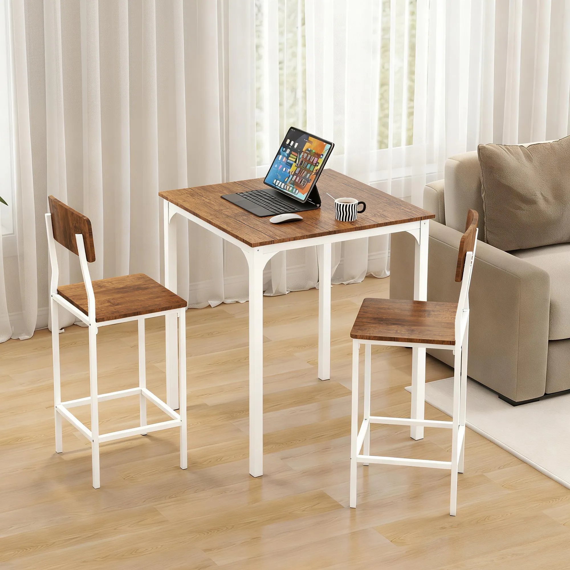 Alt View 8. Homcom - Piece Pub Table and Chairs, Small Kitchen Table and Chairs, Square Dining Table with 2 Stools - Walnut and White.