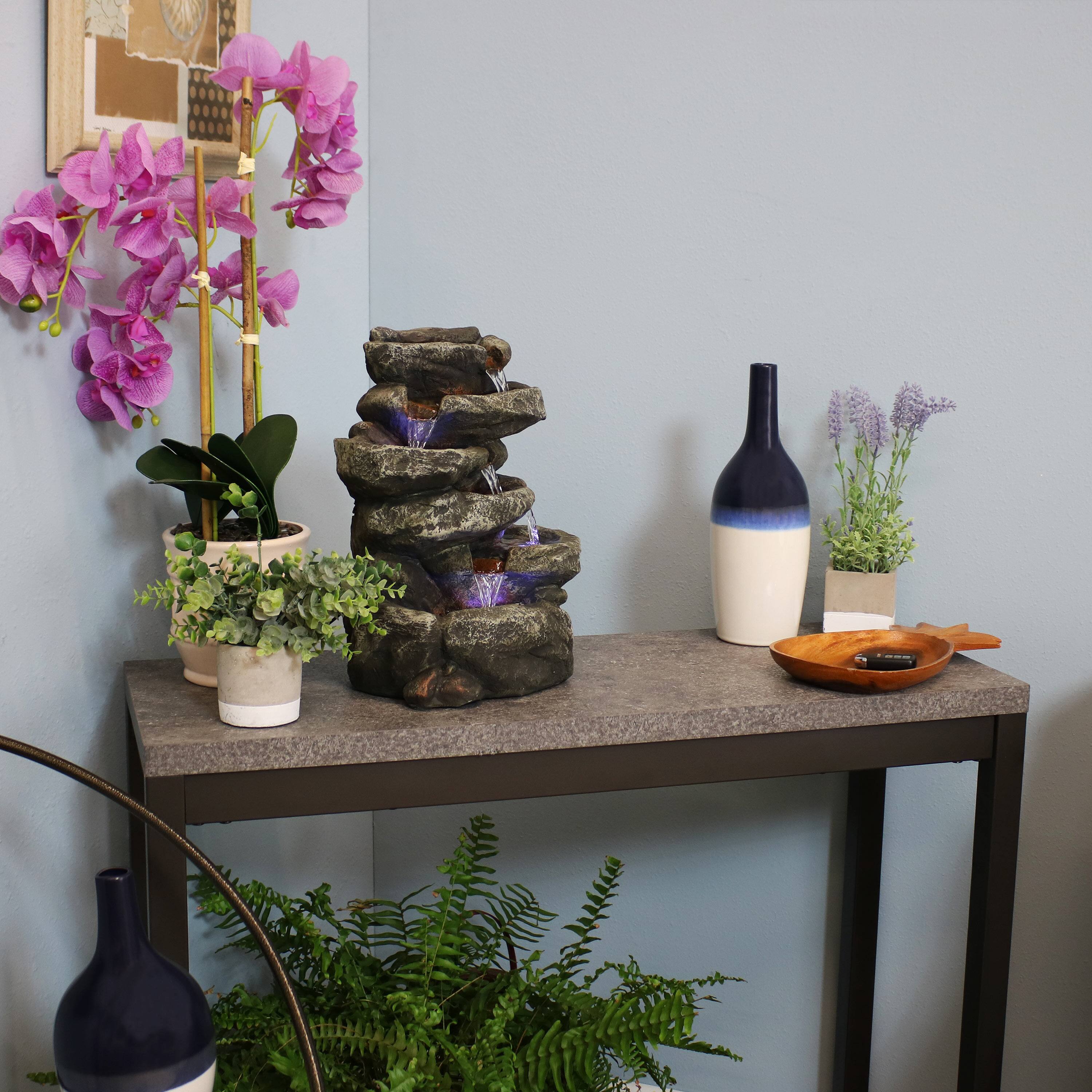Alt View 9. Sunnydaze - Stone Falls Polyresin 6-Tier Indoor Fountain with LED - 15 in - Grey.