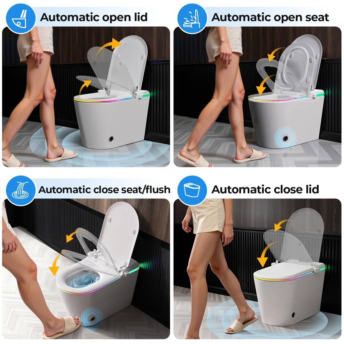 Automatic open lid  
Automatic open seat  
Automatic close seat/flush  
Automatic close lid