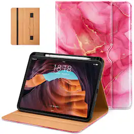 DTTO - Case for iPad 11th Gen 11" 2025 (A16) & 10th Gen 10.9" 2022, Leather Folio Cover with Pencil Holder & Auto Wake/Sleep - Red Marble