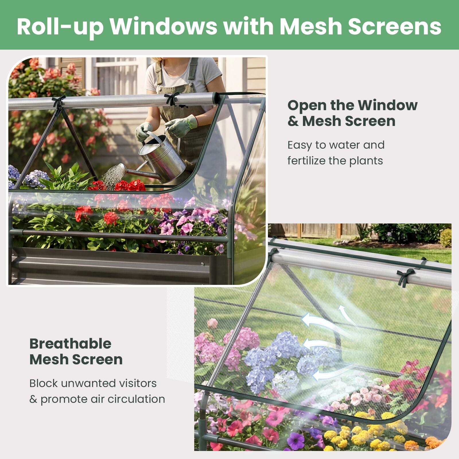 Roll-up Windows with Mesh Screens

Open the Window & Mesh Screen  
Easy to water and fertilize the plants

Breathable Mesh Screen  
Block unwanted visitors & promote air circulation