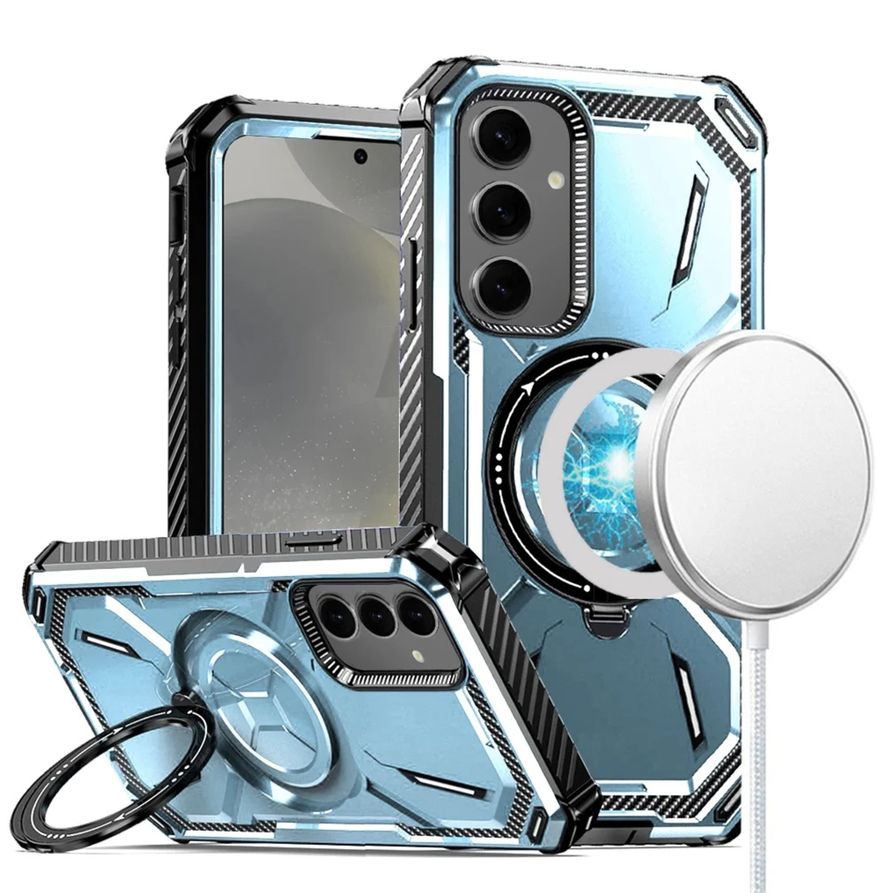 Kitcheniva - Heavy Duty Metal Ring Stand Magnetic Charging Phone Case For Samsung Galaxy S24 Plus - Light Blue