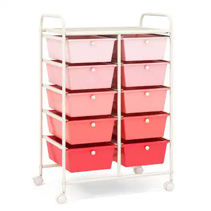 Front. Costway - 10 Drawer Storage Cart Utility Rolling Trolley Kitchen Office Organizer - Gradient Pink.