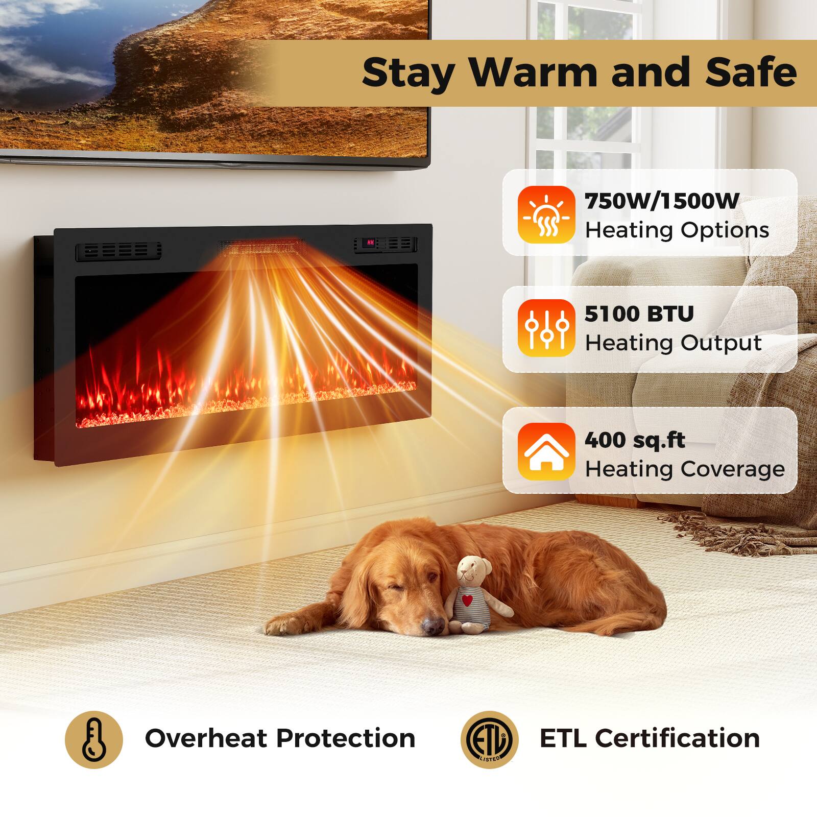 Stay Warm and Safe

- 750W/1500W Heating Options
- 5100 BTU Heating Output
- 400 sq.ft Heating Coverage
- Overheat Protection
- ETL Certification