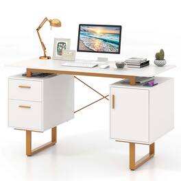 Costway - 51" Home Office Desk with Floating Desktop Dual Drawers Cabinet & Metal Frame - White