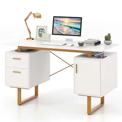 Front. Costway - Costway 51" Home Office Desk with Floating Desktop Dual Drawers Cabinet & Metal Frame - White.