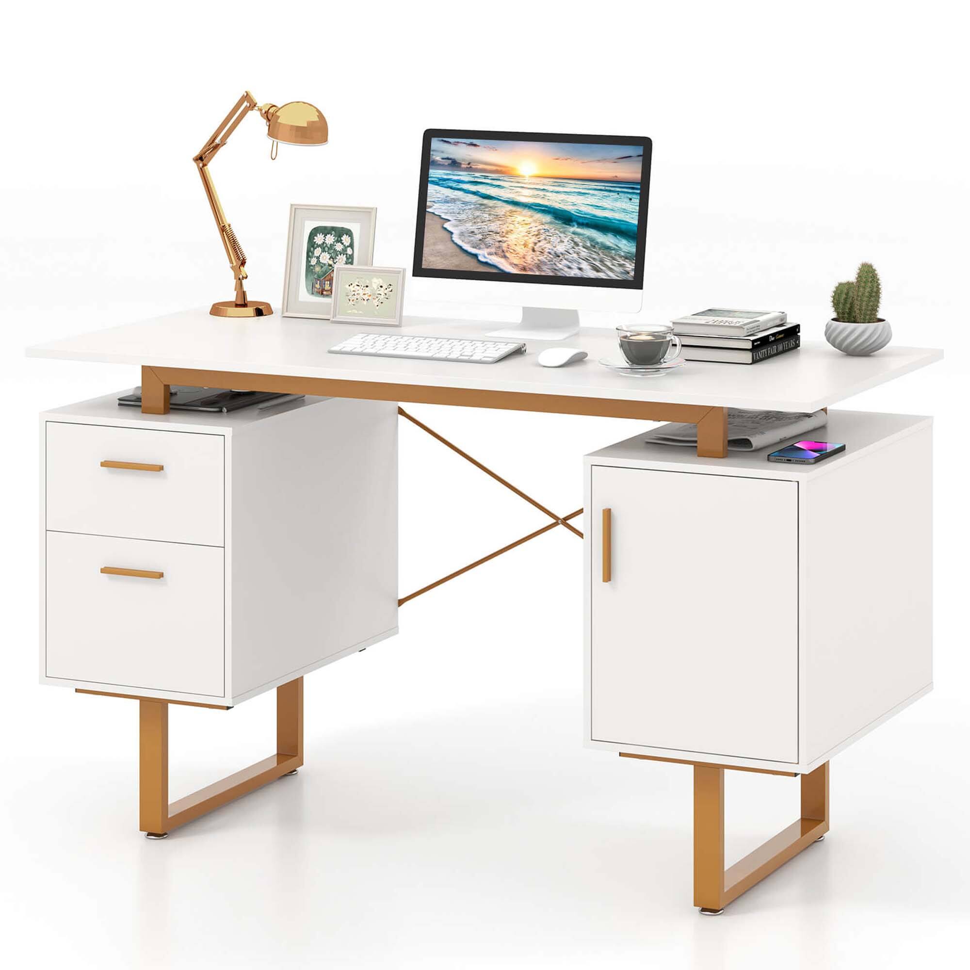 Front. Costway - Costway 51" Home Office Desk with Floating Desktop Dual Drawers Cabinet & Metal Frame - White.