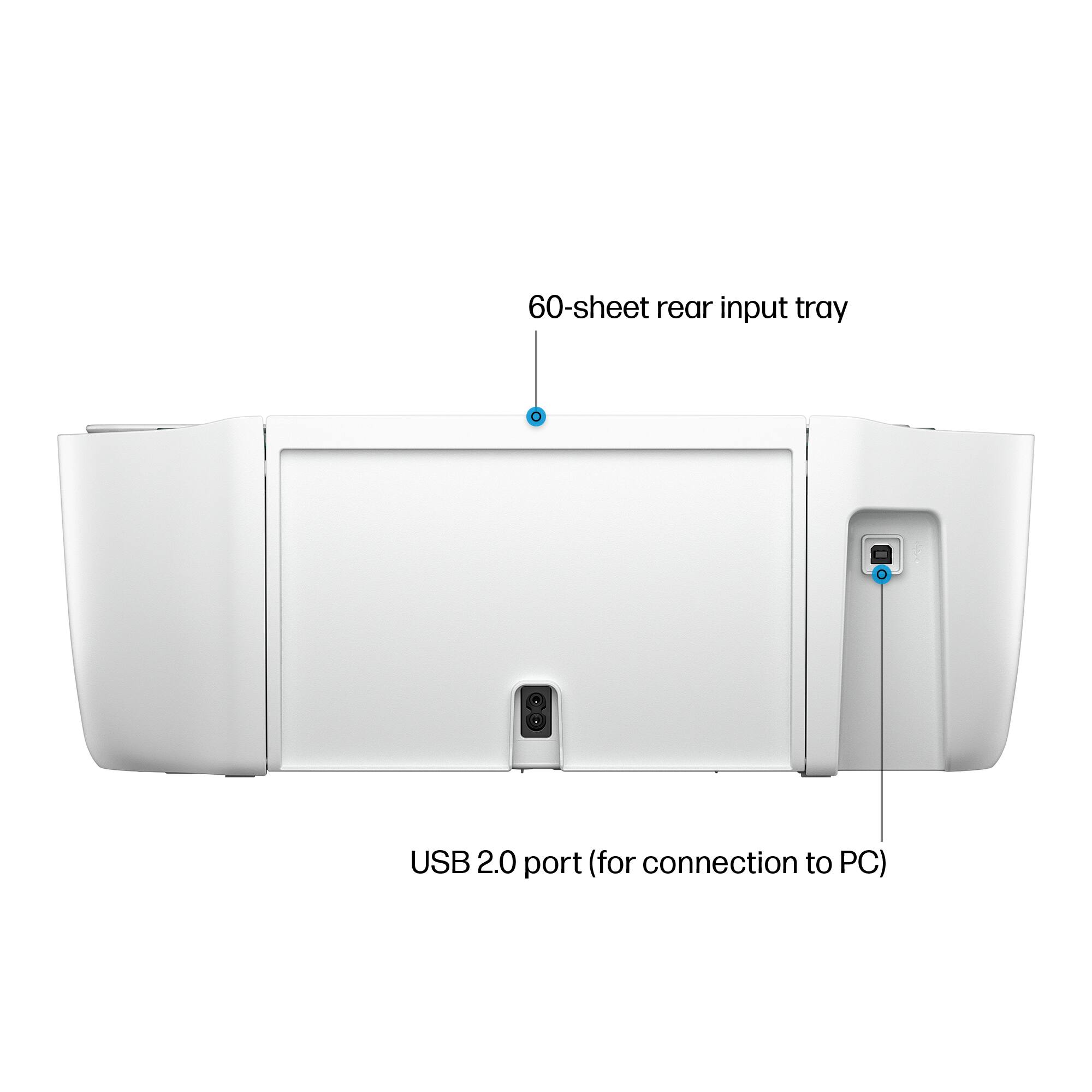 The image features a white device with a 60-sheet rear input tray. It also has a USB 2.0 port for connection to a PC.