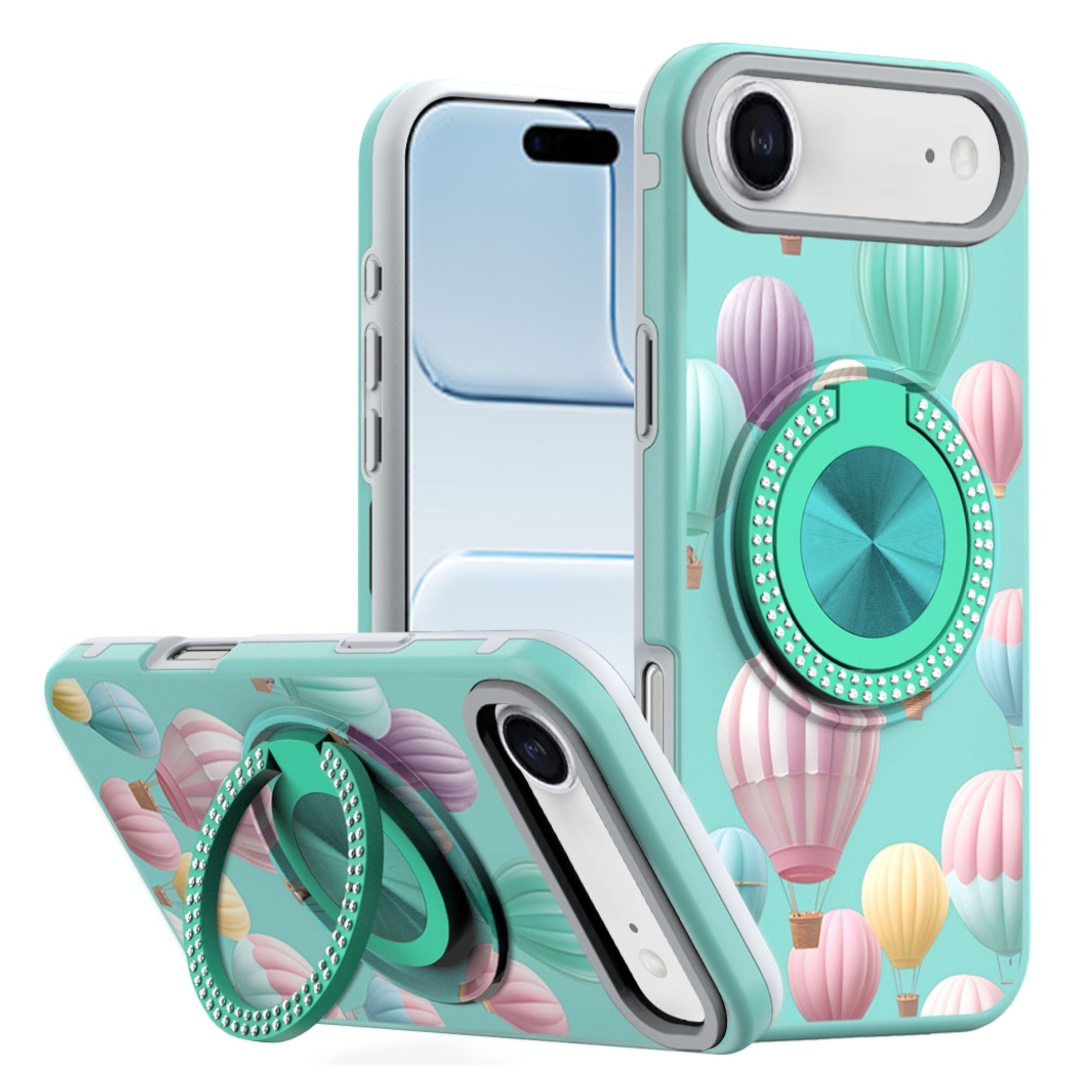 Kitcheniva - Printed Design Case With 360 Rotating Stand Tempered Glass For iPhone Air Hot Air Balloon - Multicolor