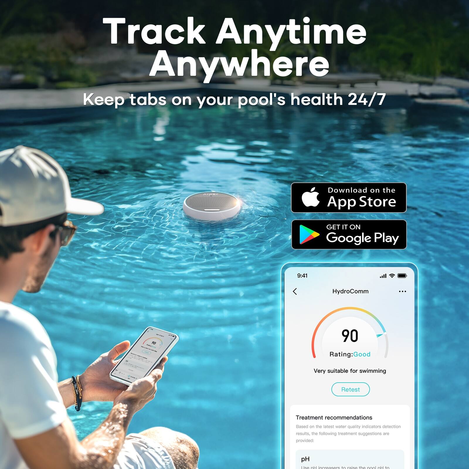 Track Anytime Anywhere: Keep tabs on your pool's health 24/7. Download on the App Store or Google Play. 9:41 li HydroComm - 90 Rating: Good. Very suitable for swimming. Retest Treatment recommendations based on the latest water quality indicators detection results, the following treatment suggestions are provided: pH 7.2 - 7.6, Total Alkalinity 60 - 80, Calcium Hardness 200 - 250, Chlorine 1.0 - 3.0, Cyanuric Acid 20 - 50, and Dissolved Oxygen 2.0 - 3.0.