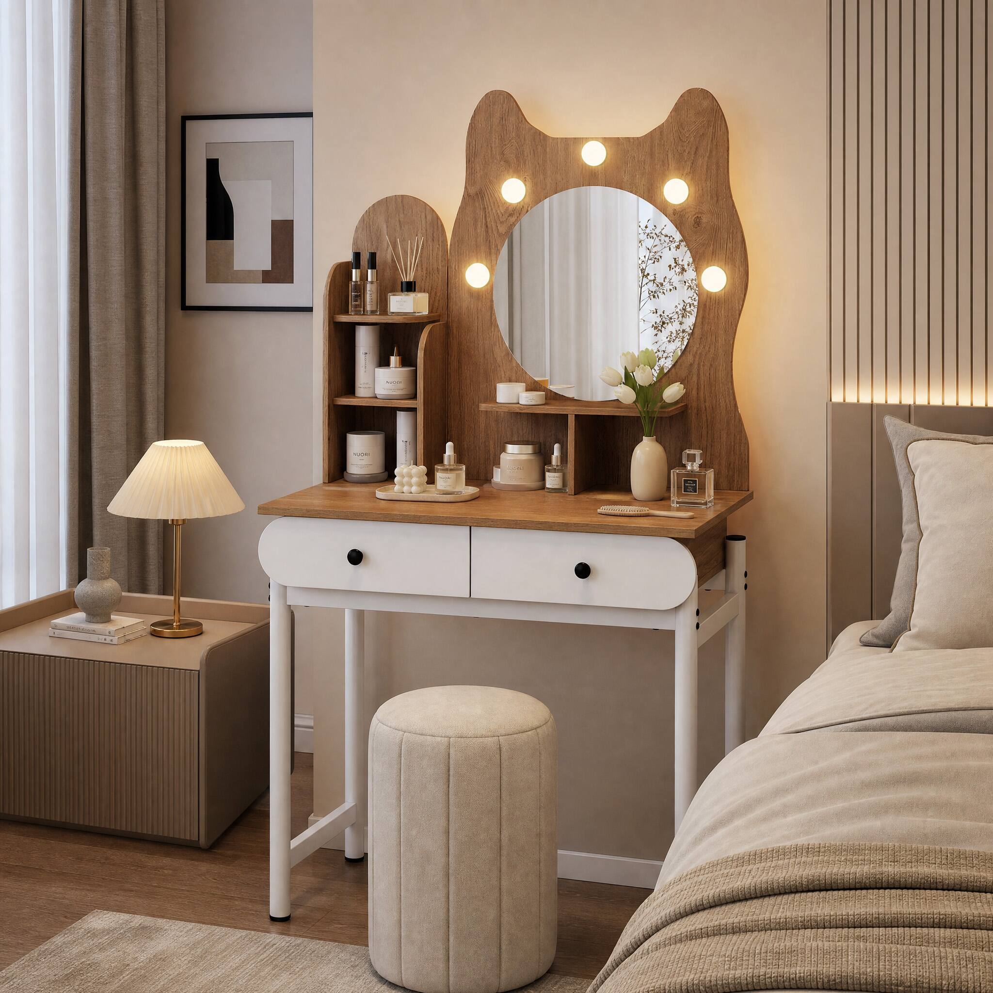 Front. WELLFOR - Cute Cat-Themed Vanity Desk with Charging Station & 3-Color LED Bulbs , 31.5" Makeup Table with 2 Drawers - Natural.