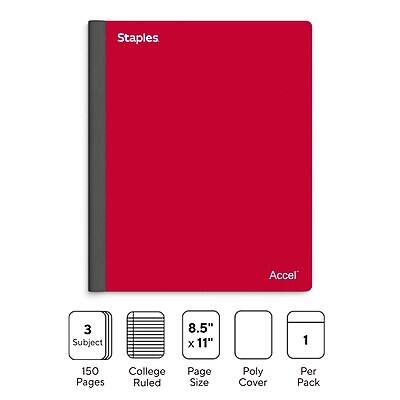 Staples Accel 3 Subject 8.5" x 11" 150 Pages College Ruled Page Size Poly Cover Per Pack