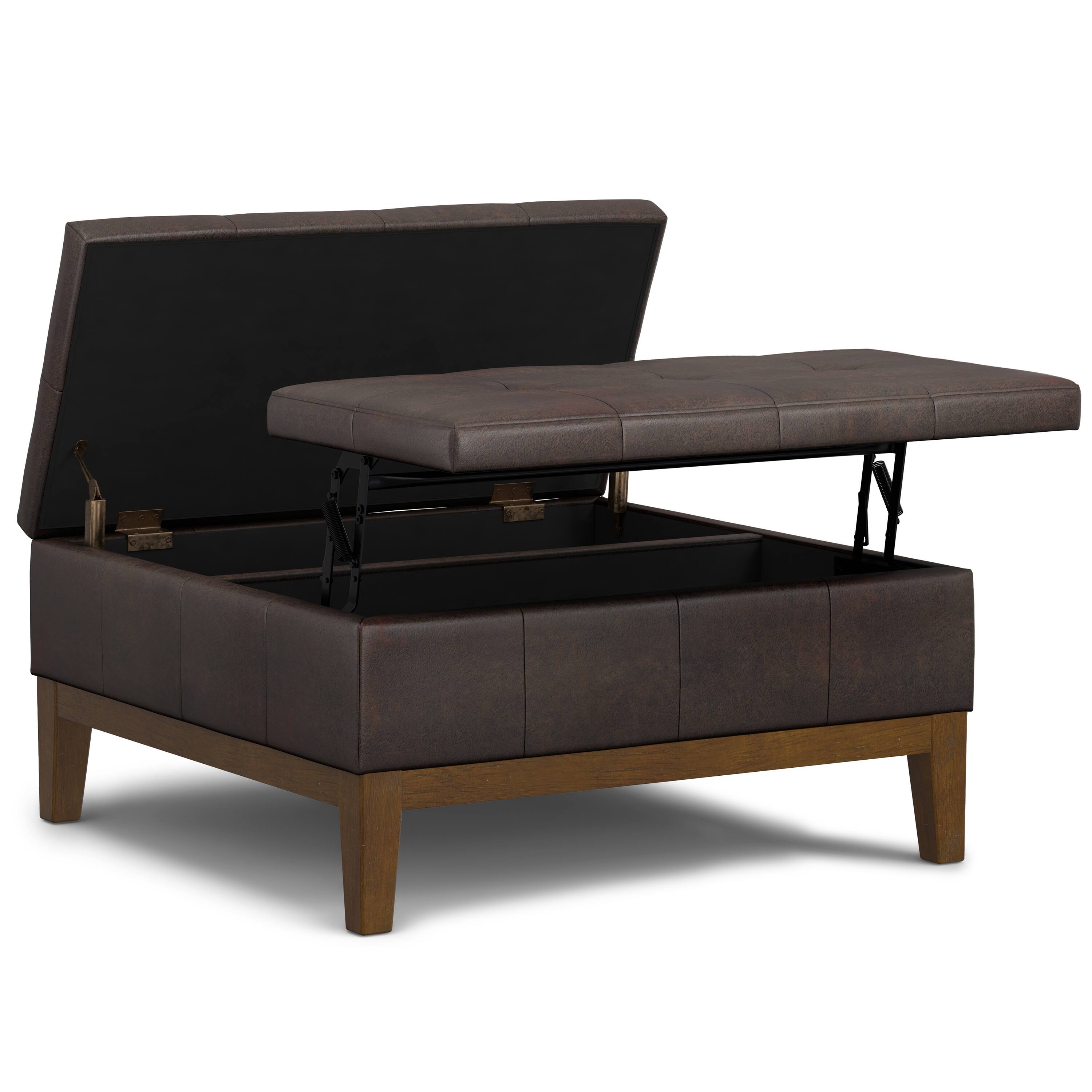 Back. Simpli Home - Dover 36 inch Contemporary Square Lift Top Coffee Table Storage Ottoman in Distressed Brown Vegan Faux Leather,Assembled - Distressed Brown.