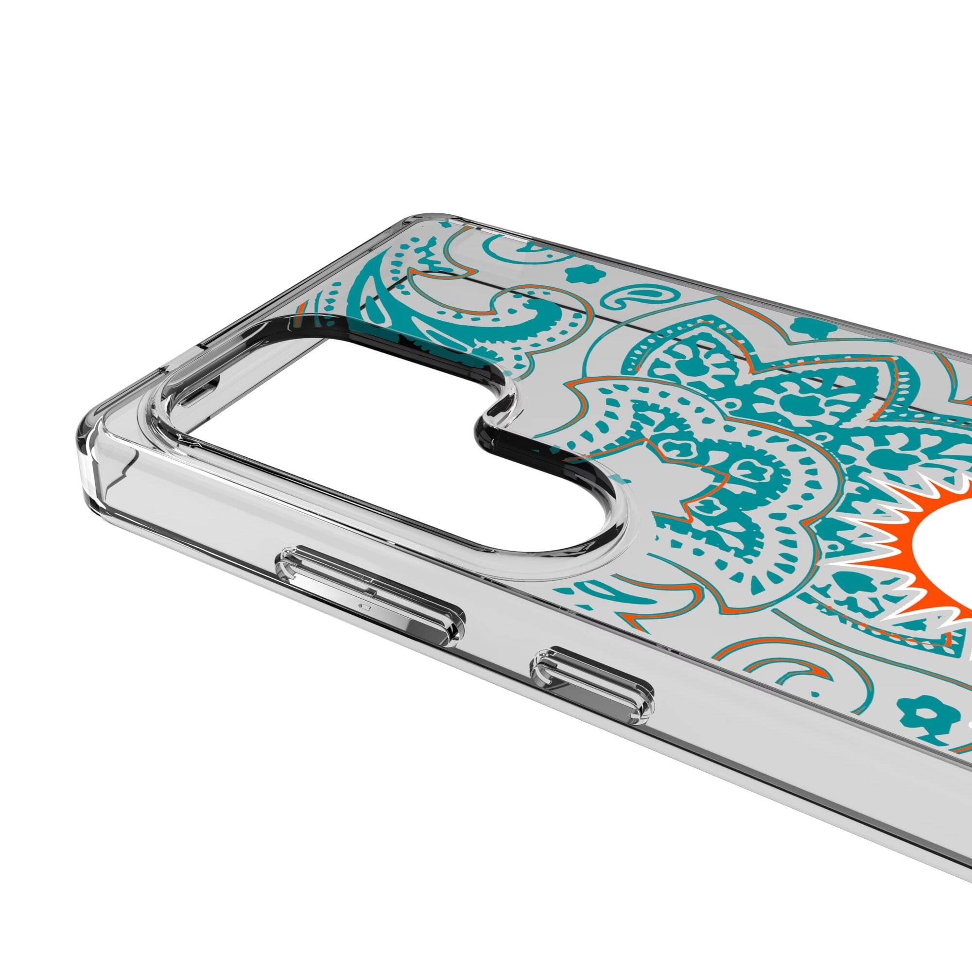 Alt View 2. Keyscaper - Miami Dolphins Galaxy Clear Paisley Design Case - S23 Ultra - Multicolor.