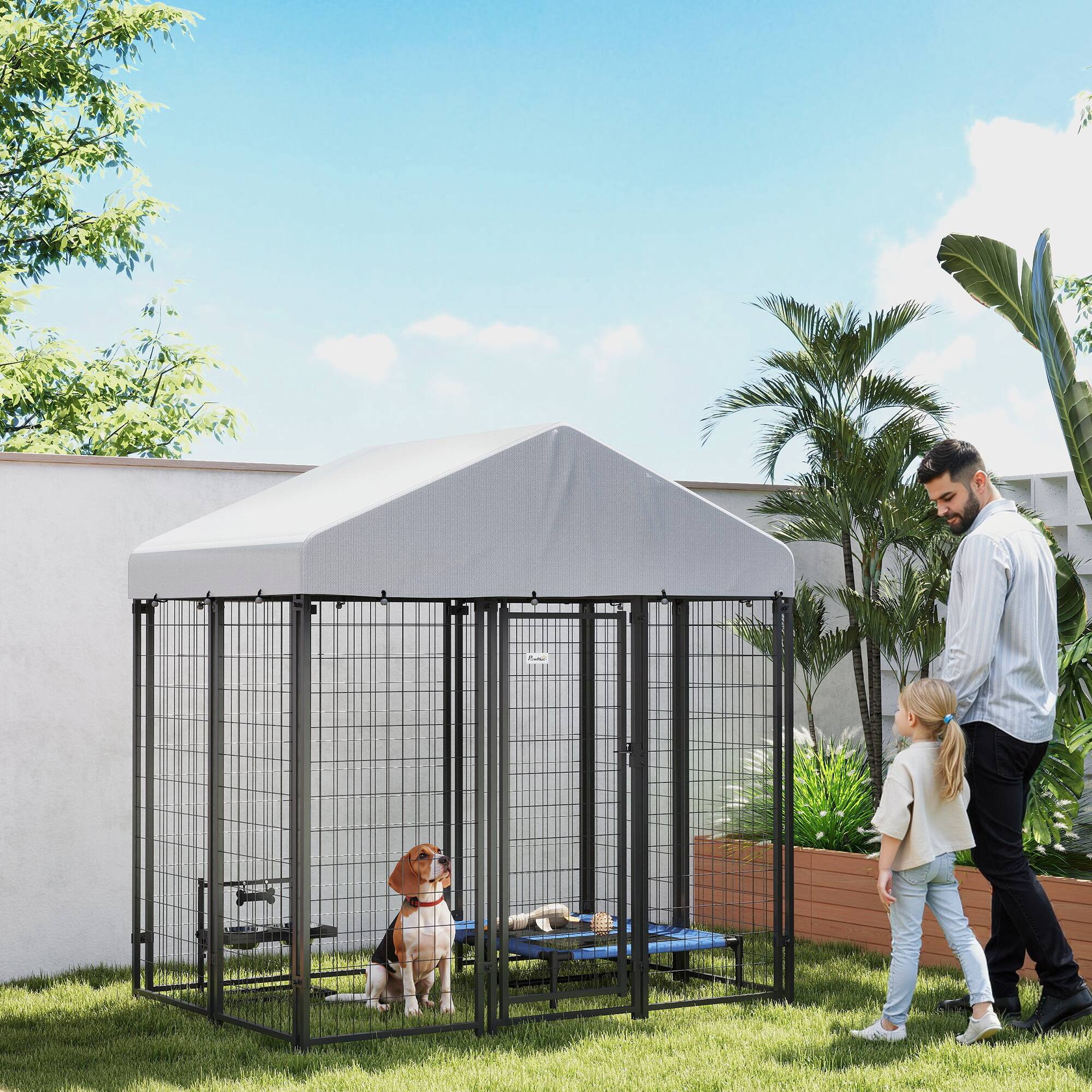 Angle. Pawhut - Outdoor Dog Kennel, 5.9'x4'x6' Heavy Duty Welded Wire, Roof, Escape-proof Lock, UV-Resistant Cover, Medium Dogs.