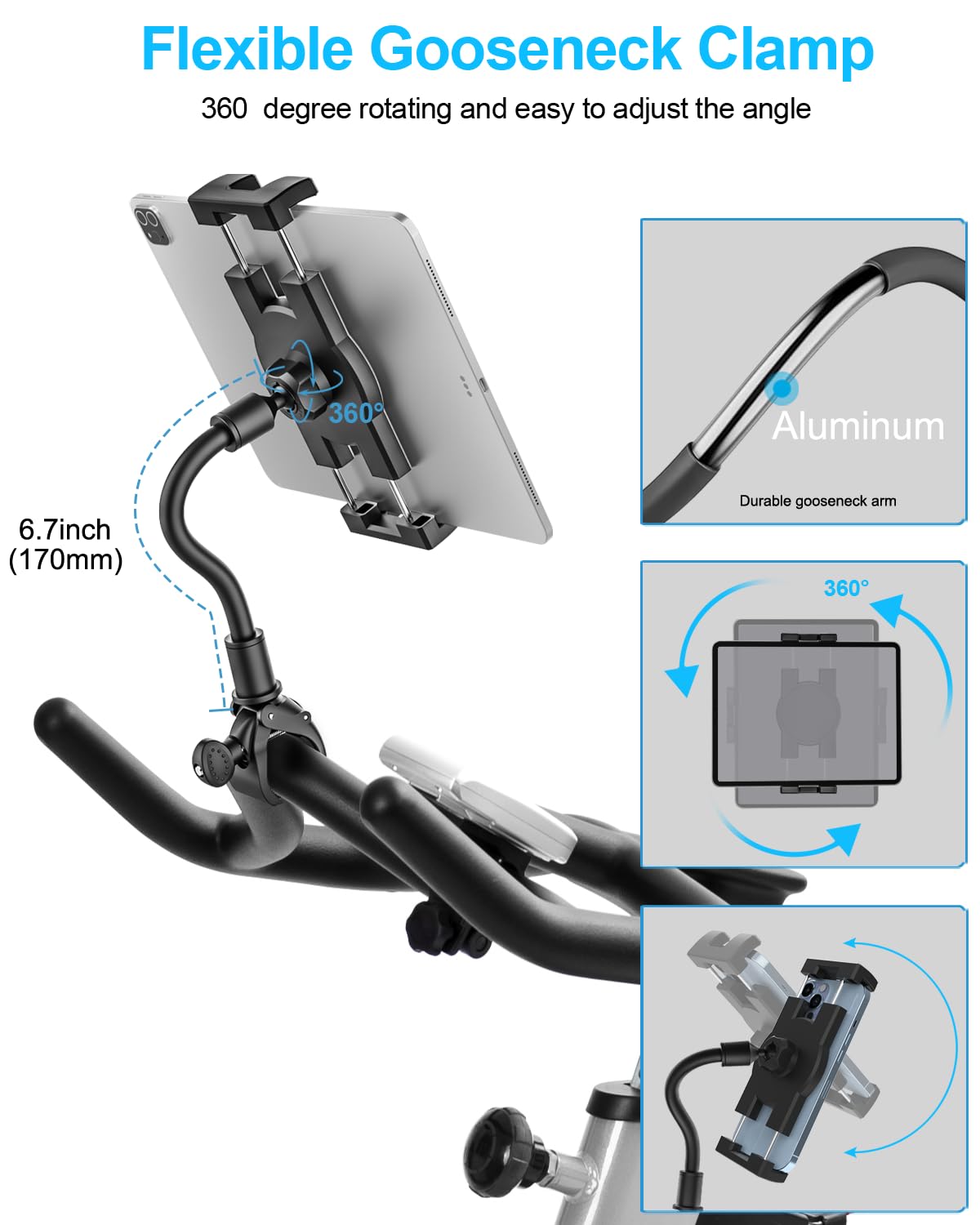 Flexible Gooseneck Clamp  
360 degree rotating and easy to adjust the angle  

6.7inch (170mm)  

Aluminum  
Durable gooseneck arm  

360°