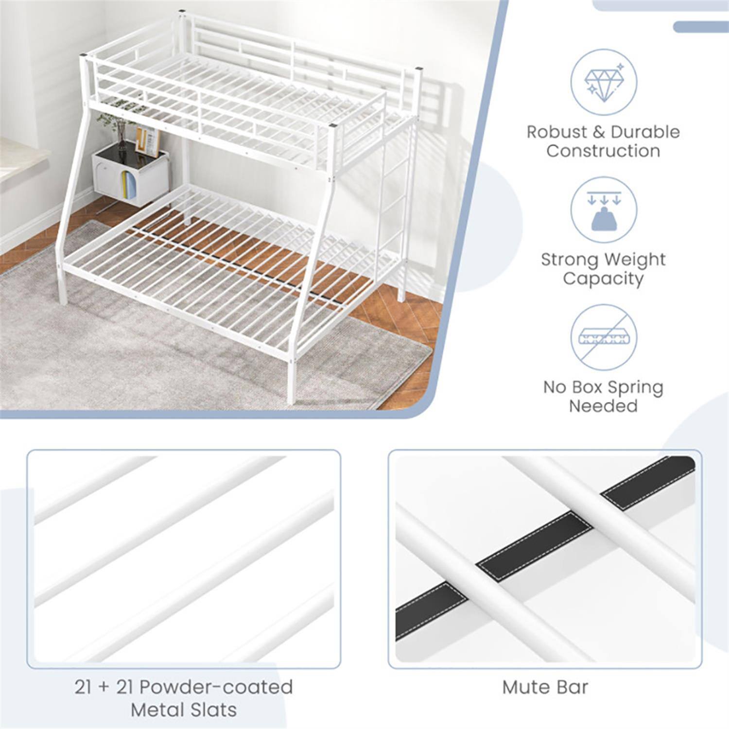 - Robust & Durable Construction
- Strong Weight Capacity
- No Box Spring Needed
- 21 + 21 Powder-coated Metal Slats
- Mute Bar