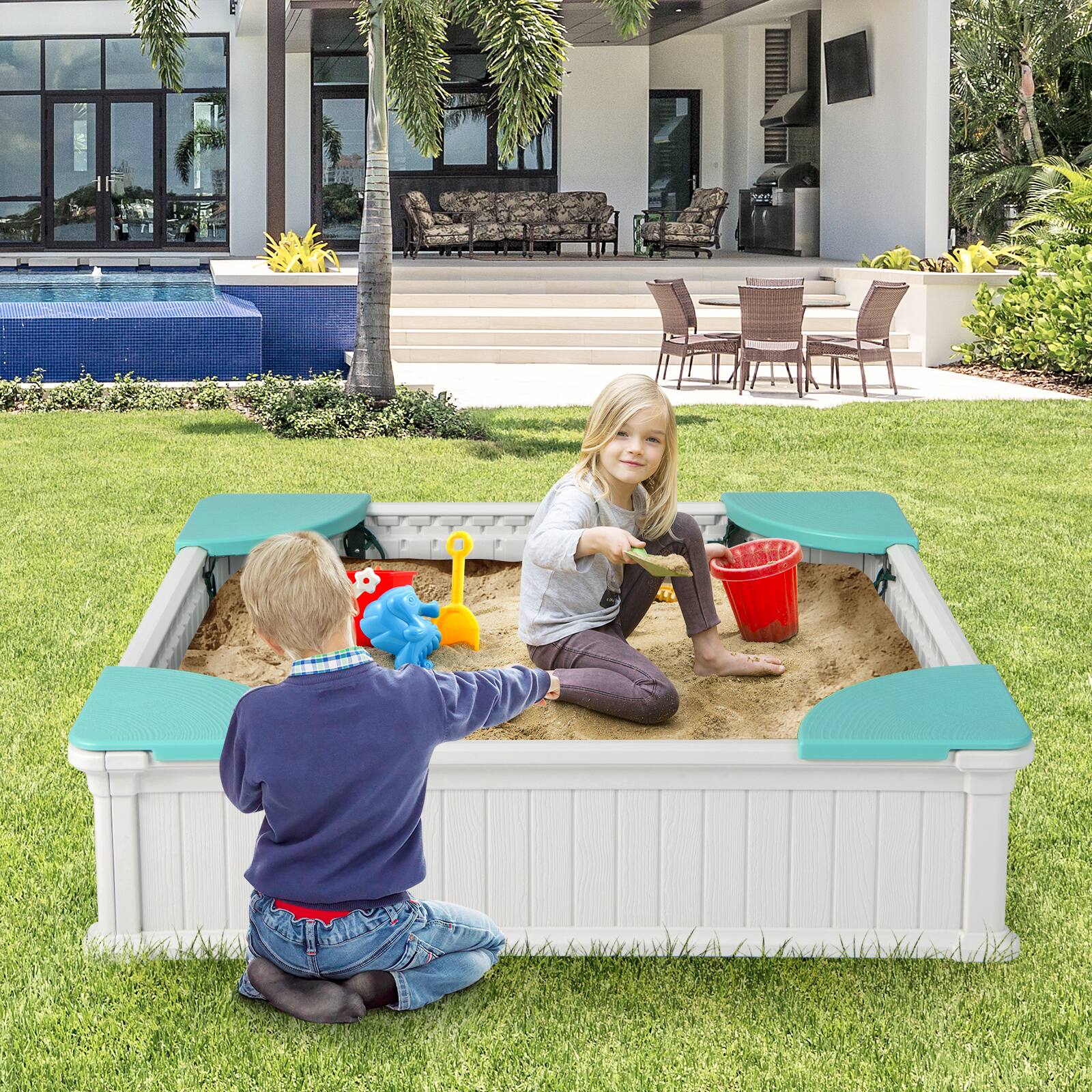 Alt View 1. Costway - Costway Kids Outdoor Sandbox 48.5" x 48.5" x 12.5" Large HDPE Sandpit with Oxford Cover - White.