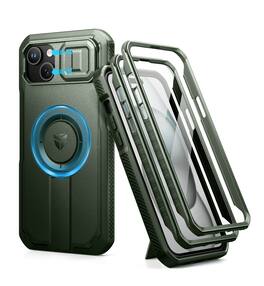 dexnor - iPhone 15 Plus/14 Plus Case with Camera Cover & Adjustable Kickstand & Built-in Screen Protector - Army Green