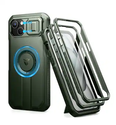 Front. dexnor - for iPhone 15 Plus/14 Plus Case with Camera Cover & Adjustable Kickstand & Screen Protector Compatible with MagSafe - Army Green.